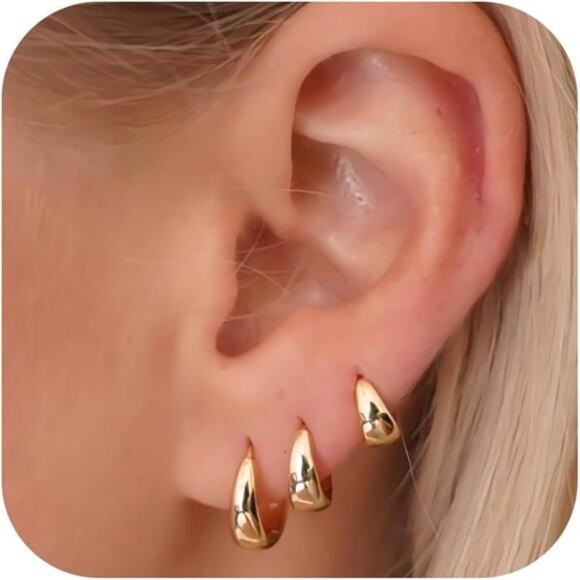 Small Gold Hoop Earrings Set, 14K Gold Plated Chunky Huggies, Hypoallergenic - Picture 1 of 7